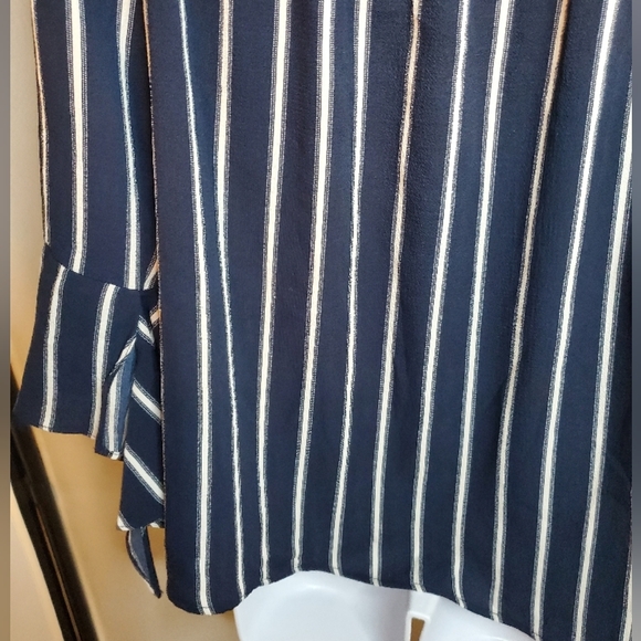 Navy Blue Striped Off-Shoulder Flare Midi Blouse Ruffle Cuffs Mint Condition - Picture 8 of 14